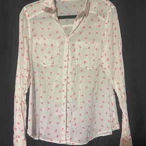 Maurices White and Pink Long Sleeve Button Down Shirt with Notched Collar